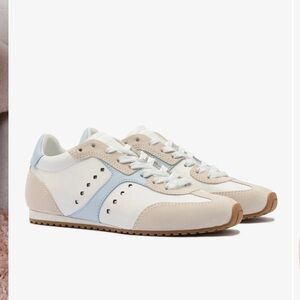 Larroude Stella Sneaker in Grey Suede, White & Silver Leather with Blue Accents